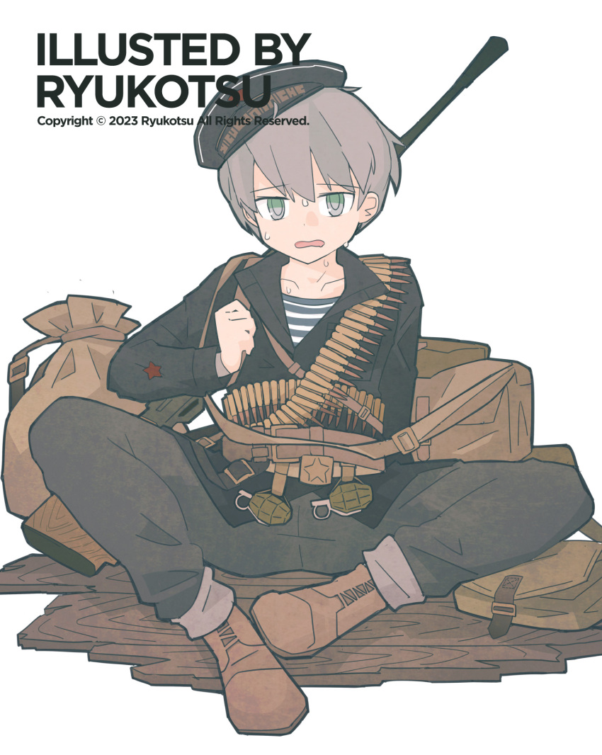 :o ammunition_belt bag belt belt_buckle black_hat black_jacket boots brown_bag brown_boots buckle copyright_notice explosive green_eyes grenade gun gun_on_back hat highres jacket military military_uniform naval_uniform naval_working_uniform original peaked_cap red_star rifle ryuukotsu shirt soviet soviet_army star_(symbol) striped_clothes striped_shirt sweat telnyashka tilted_headwear unworn_bag weapon weapon_on_back