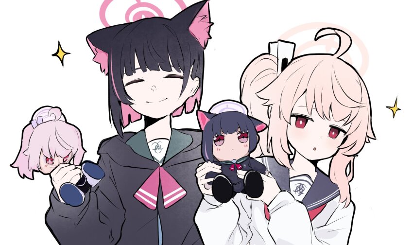 2girls ahoge animal_ear_fluff animal_ears black_hair black_jacket blue_archive bright_pupils cardigan cat_ears character_doll closed_eyes closed_mouth colored_inner_hair doll extra_ears halo highres holding holding_doll jacket kazusa_(blue_archive) long_hair long_sleeves looking_at_viewer multicolored_hair multiple_girls natsu_(blue_archive) parted_lips pink_hair pink_halo red_eyes remise short_hair side_ponytail simple_background smile white_background white_cardigan white_pupils