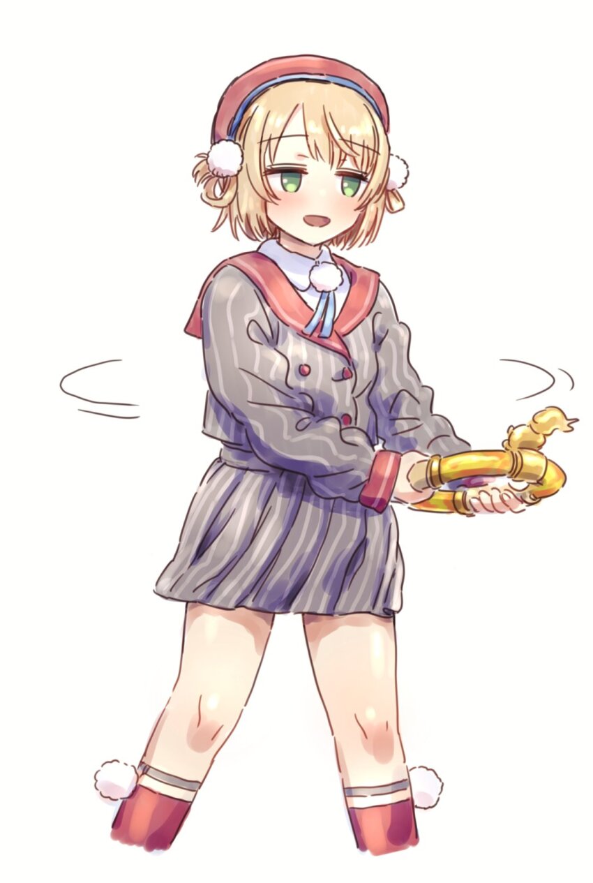 1girl beret blonde_hair blush exercising fuwa_uneuchi green_eyes hair_ornament hat highres indie_virtual_youtuber jitome looking_to_the_side open_mouth pom_pom_(clothes) pom_pom_hair_ornament red_sailor_collar ring-con ring_fit_adventure sailor_collar shigure_ui_(vtuber) shirt short_hair simple_background skirt solo virtual_youtuber white_background