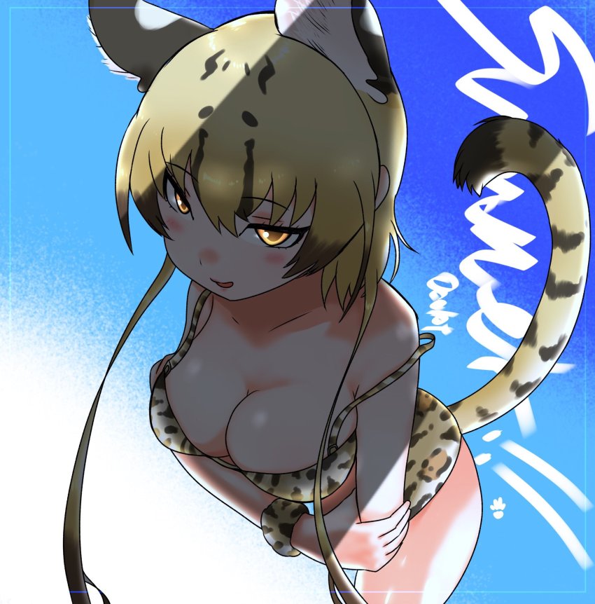 animal_ears bikini cats_yone clouded_leopard_(kemono_friends) highres kemono_friends open_mouth simple_background solo swimsuit tail yellow_eyes