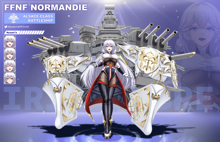 1girl absurdres artillery azur_lane black_boots blush bodystocking boots breasts clothing_cutout commentary english_commentary fleur-de-lis french_flag full_body gloves gold highres iris_libre_(emblem) large_breasts long_hair looking_at_viewer metal_gloves musanix normandie_(battleship) open_mouth original personification rigging ship_turret solo thigh_boots underboob underboob_cutout very_long_hair white_gloves white_hair