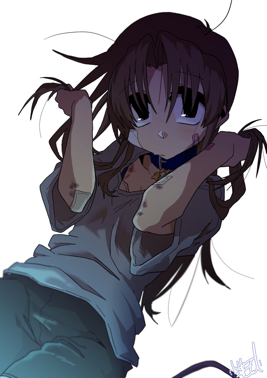 1girl absurdres bandaid bandaid_on_cheek bandaid_on_face bandaid_on_wrist black_eyes black_shorts blue_collar closed_mouth collar ed-chan_(edkuroki) edkuroki gauze gauze_on_arm gauze_on_cheek gauze_on_chest gauze_on_elbow hair_intakes highres holding holding_own_hair jewelry long_hair looking_up messy_hair necklace original pink_tail shirt shorts sidelocks signature simple_background solo white_background white_shirt