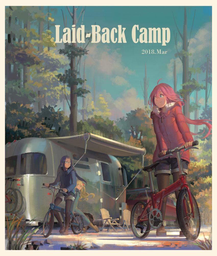 2018 3girls bicycle black_legwear blue_coat blue_shorts boots border brown_eyes brown_footwear brown_hair camper_trailer car chair coat copyright_name dated day down_jacket english_text green_eyes highres inuyama_aoi jacket kagamihara_nadeshiko knee_boots long_sleeves low_twintails motor_vehicle multiple_girls oogaki_chiaki outdoors pantyhose parted_lips pink_coat pink_hair psi_(583278318) recreational_vehicle red_car shorts side_ponytail sitting smile standing trailer twintails yurucamp