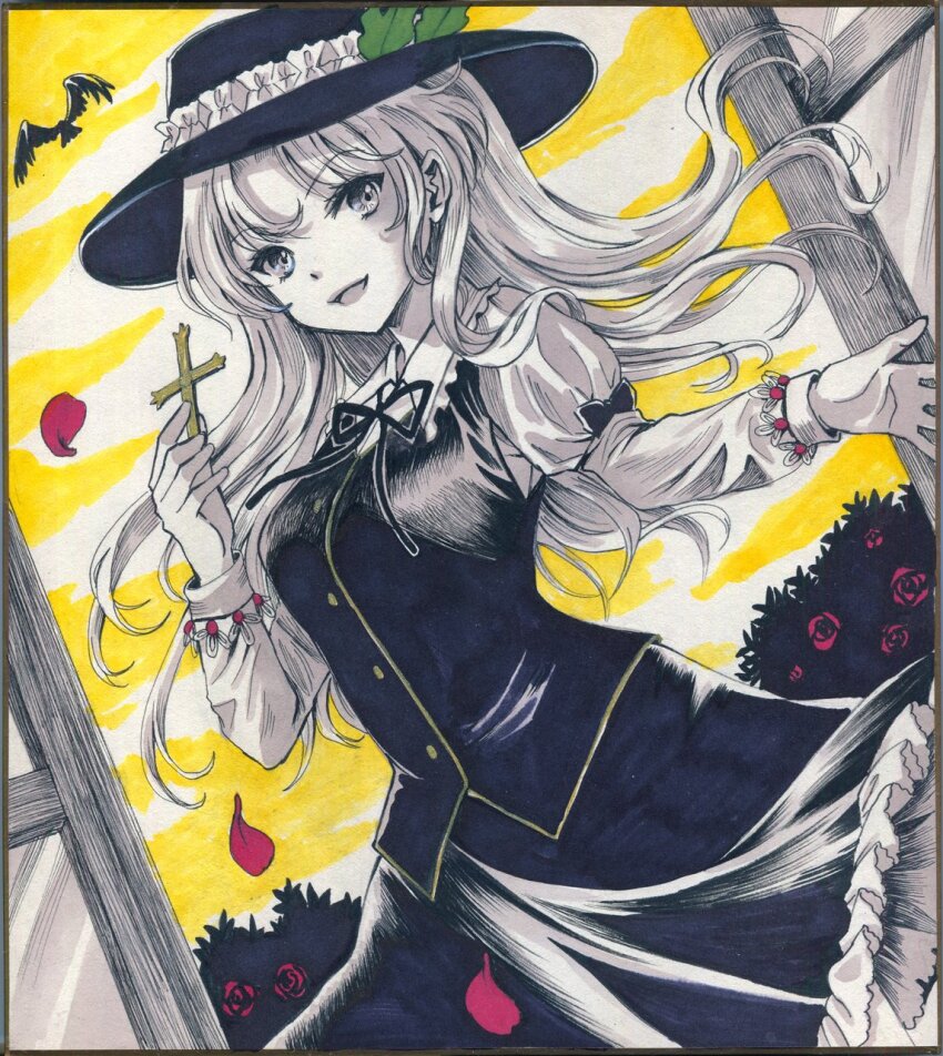 1girl :d black_skirt black_vest breasts bush collared_shirt cowboy_shot cross dolls_in_pseudo_paradise dutch_angle feathers flower frilled_hat frilled_skirt frills green_feathers hajike_akira hat hat_feather highres holding holding_cross jacket_girl_(dipp) juliet_sleeves limited_palette long_hair long_sleeves looking_at_viewer neck_ribbon open_mouth puffy_sleeves ribbon rose shirt skirt small_breasts smile solo touhou traditional_media very_long_hair vest white_shirt