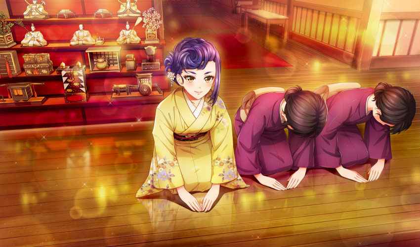 3girls black_hair bowing cinderella_series floral_print floral_print_kimono game_cg hachigatsu_no_cinderella_nine hair_bun hair_ornament highres hina_ningyou hinadan indoors izumida_kyouka japanese_clothes kimono lens_flare long_hair looking_at_viewer multiple_girls non-web_source obi official_alternate_hairstyle official_art orange_eyes pompadour print_kimono purple_hair purple_kimono ryokan sash seiza single_hair_bun sitting smile sparkle wooden_floor yellow_kimono