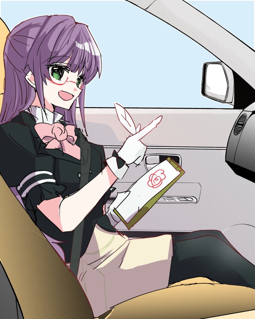1girl :d bespectacled black_bow black_jacket black_pantyhose blue_background bow bowtie brown_skirt car_interior car_seat commentary_request feet_out_of_frame glasses glove_bow gloves green_eyes hanamaru highres index_finger_raised jacket kanduki_kamibukuro link!_like!_love_live! long_hair looking_at_viewer love_live! official_alternate_costume official_alternate_hairstyle open_mouth otomune_kozue pantyhose pencil_skirt pink_bow pink_bowtie puffy_short_sleeves puffy_sleeves purple_hair red-framed_eyewear semi-rimless_eyewear shirt short_sleeves side-view_mirror sidelocks simple_background sitting skirt smile solo under-rim_eyewear white_gloves white_shirt