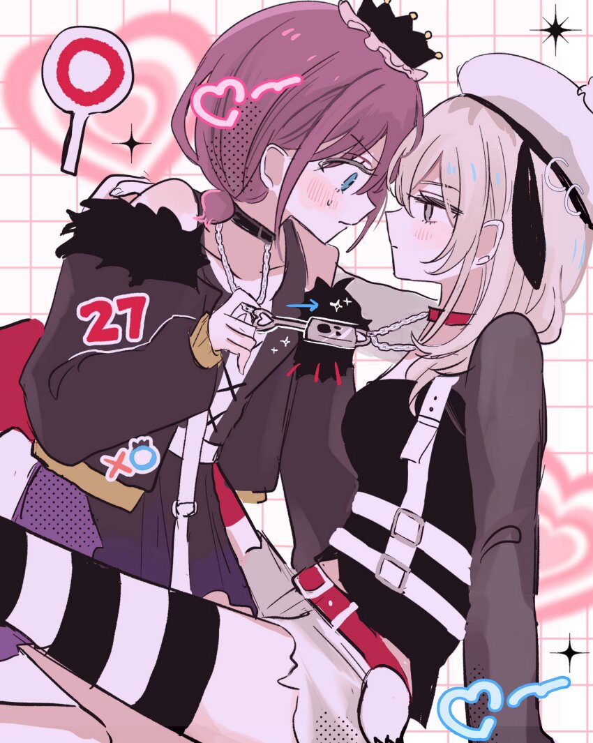 2girls absurdres black_jacket black_shirt black_skirt blue_eyes blush closed_mouth collar commentary girls_band_cry grey_eyes grey_hair hamchan69 hat heart highres iseri_nina jacket jewelry kawaragi_momoka key key_necklace lock_necklace long_hair long_sleeves multiple_girls necklace red_collar red_hair shirt short_twintails skirt striped_clothes striped_thighhighs thighhighs twintails white_hat yuri