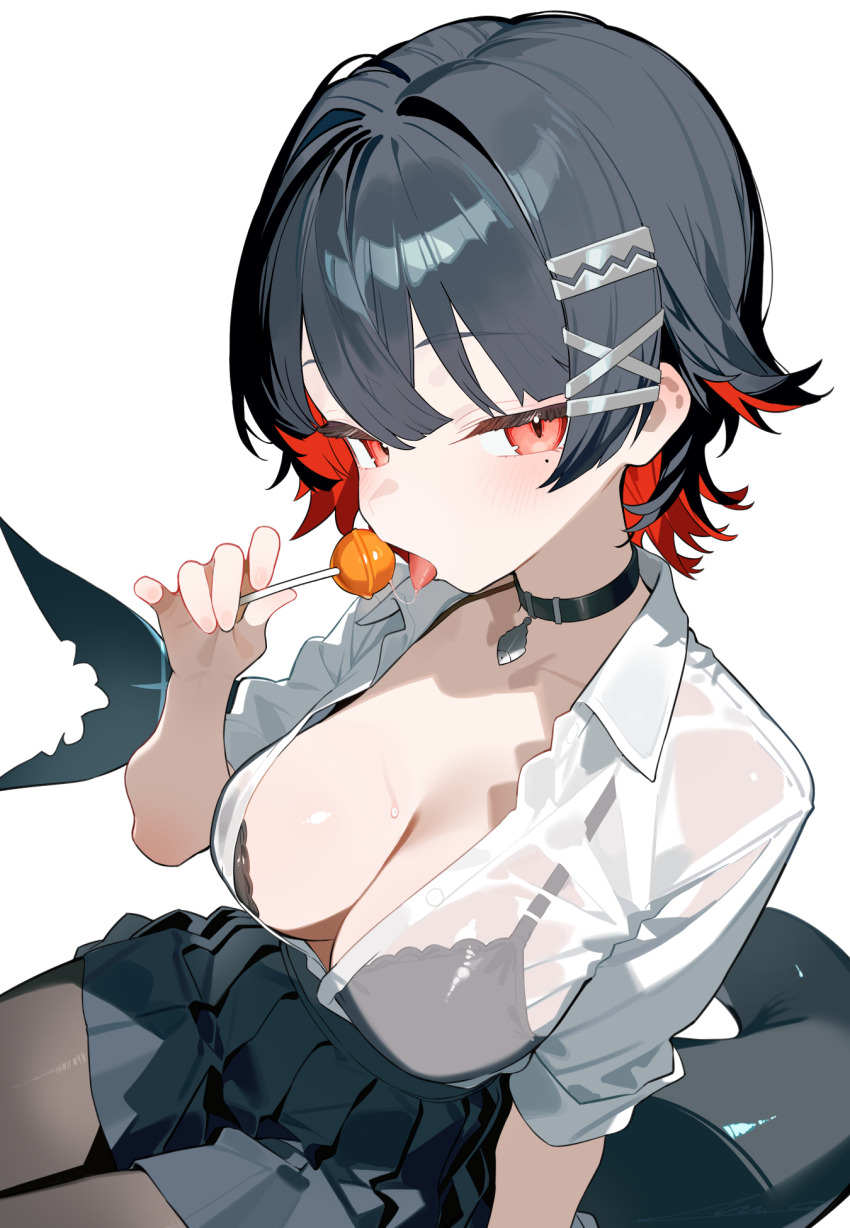 1girl black_choker black_hair black_skirt bra candy choker collared_shirt colored_inner_hair ellen_joe ellen_joe_(on_campus) fins fish_tail food hair_ornament highres licking lollipop looking_at_viewer mole mole_under_eye multicolored_hair multiple_girls open_clothes open_shirt overlord_(overlord80000) pantyhose pleated_skirt red_eyes red_hair see-through_clothes see-through_shirt shark_girl shark_tail shirt short_hair simple_background skirt solo tail two-tone_hair underwear white_background white_shirt x_hair_ornament zenless_zone_zero