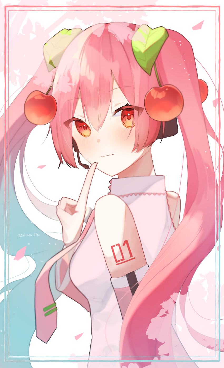 1girl absurdres alternate_color alternate_eye_color alternate_hair_color aqua_border body_writing border cherry cherry_hair_ornament commentary detached_sleeves eyes_visible_through_hair food food-themed_hair_ornament fruit fruit_hair_ornament hair_ornament hatsune_miku headphones highres leaf leaf_hair_ornament necktie pink_hair pink_necktie pink_shirt pink_sleeves red_eyes shirt sleeveless sleeveless_shirt sukasusu_51te twintails vocaloid white_background