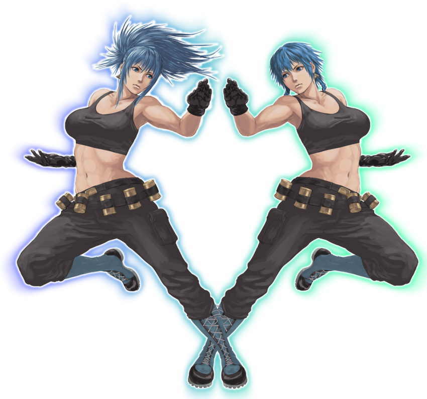 1girl abs alternate_hair_length alternate_hairstyle belt blue_eyes blue_hair boots braid breasts cargo_pants combat_boots earrings explosive grenade jewelry lace-up_boots large_breasts leona_heidern long_hair midriff muscular muscular_female pants ponytail ryu_(gaquarium) short_hair snk symmetry tank_top taut_clothes the_king_of_fighters toned toned_female twin_braids utility_belt