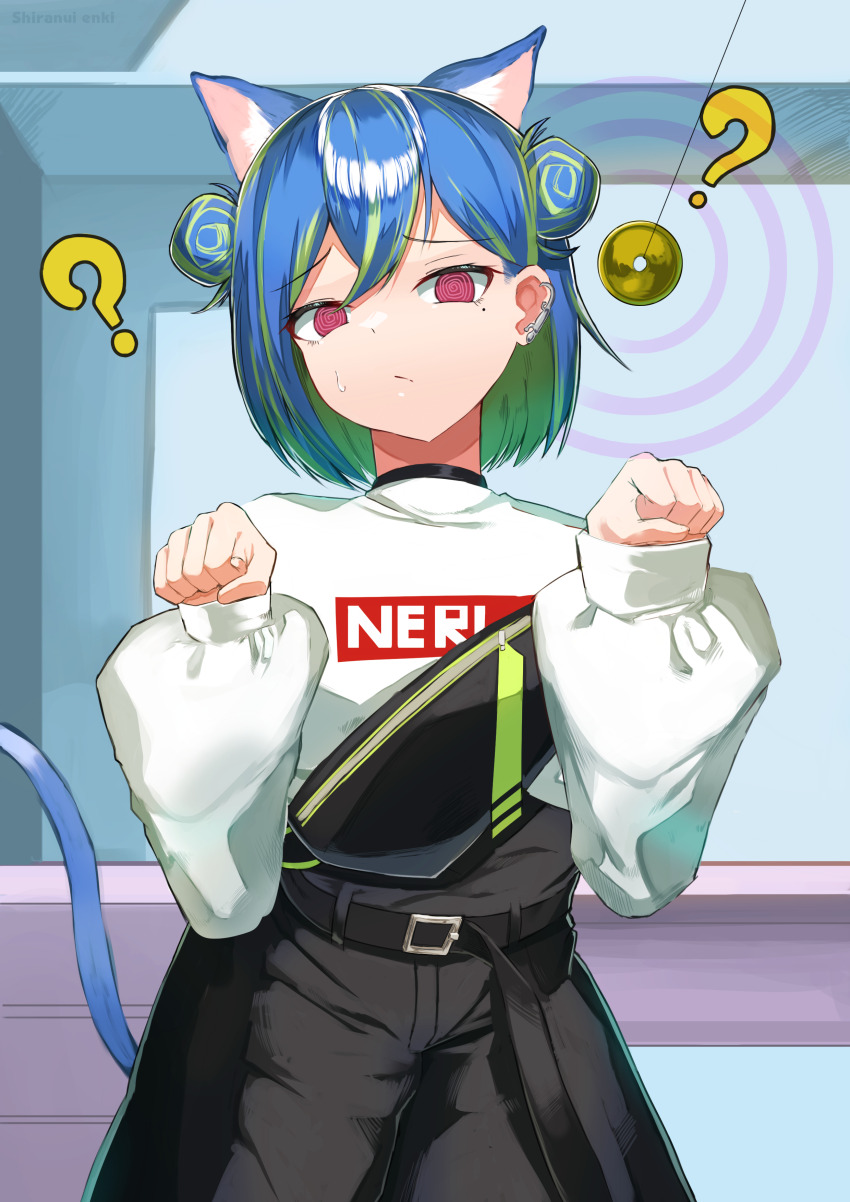 1girl ? @_@ absurdres animal_ears belt black_belt black_shorts blue_hair cat_ears cat_girl cat_tail coin coin_on_string commentary_request cowboy_shot double_bun earclip green_hair hair_between_eyes hair_bun high-waist_shorts highres holed_coin hypnosis kemonomimi_mode long_sleeves looking_at_viewer mind_control mole mole_under_eye multicolored_hair nanashi_inc. official_alternate_costume open_mouth paw_pose pendulum pink_eyes shiranui_enki short_hair shorts single_strap solo suzumi_nemo suzumi_nemo_(2nd_costume) sweater tail two-tone_hair virtual_youtuber white_sweater