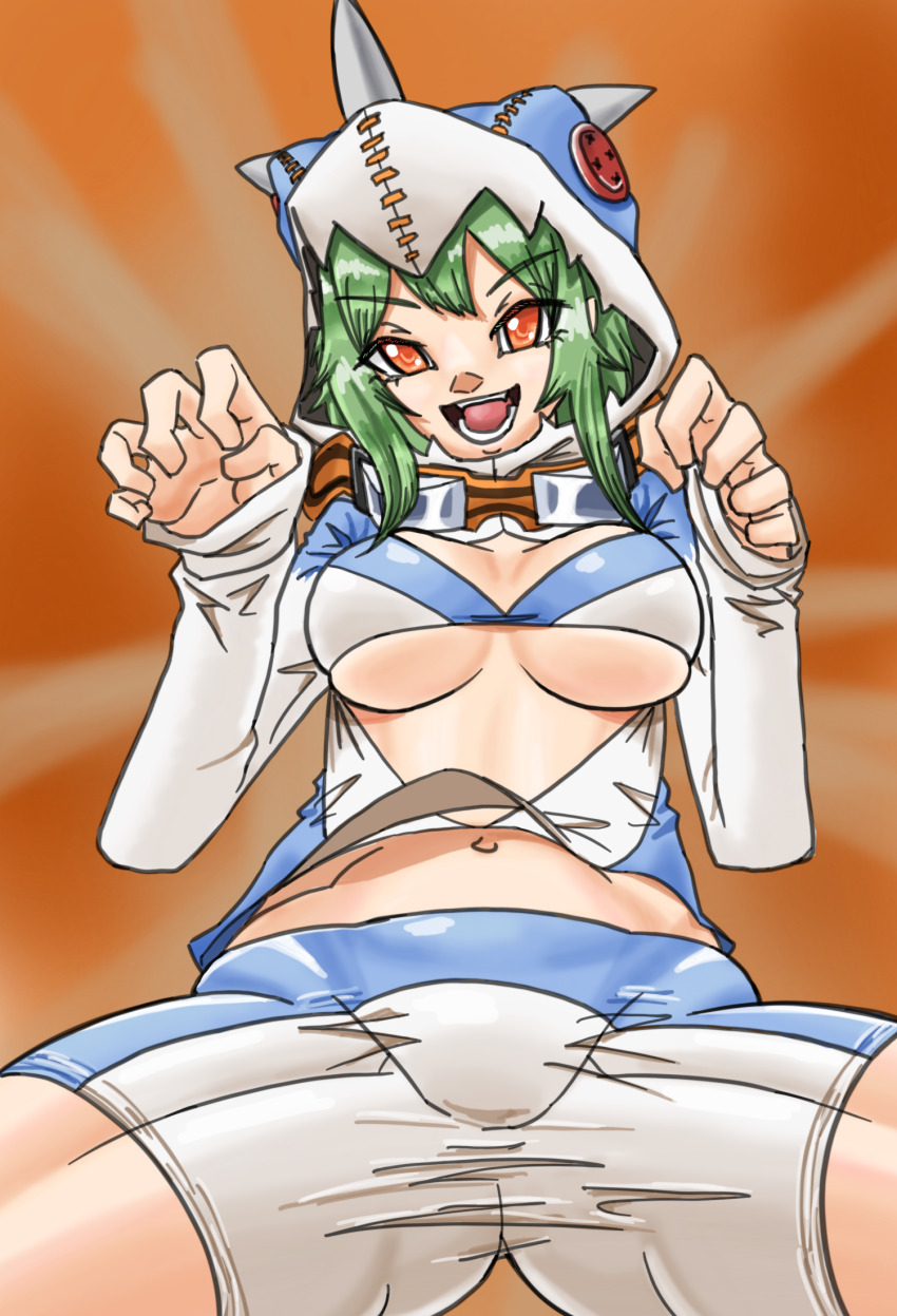 1girl bikini bikini_top_only cosplay digimon digimon_world_re:digitize digimon_world_re:digitize_decode female_focus goggles goggles_around_neck highres hood hoodie shinomiya_rina solo spread_legs swimsuit v-dramon v-dramon_(cosplay)