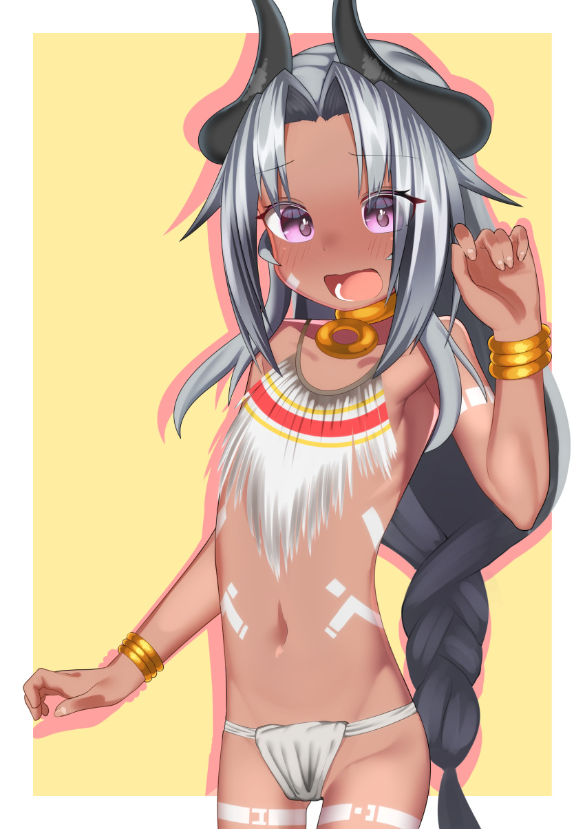 1girl absurdres bare_shoulders black_horns blush border braid choker commentary_request dark_skin embarrassed fundoshi gloggy grey_hair hair_intakes hand_up highres horns japanese_clothes kikyou_(gloggy) long_hair looking_down navel open_mouth original outside_border purple_eyes skinny slim_legs solo tattoo tribal tribal_tattoo very_long_hair white_border