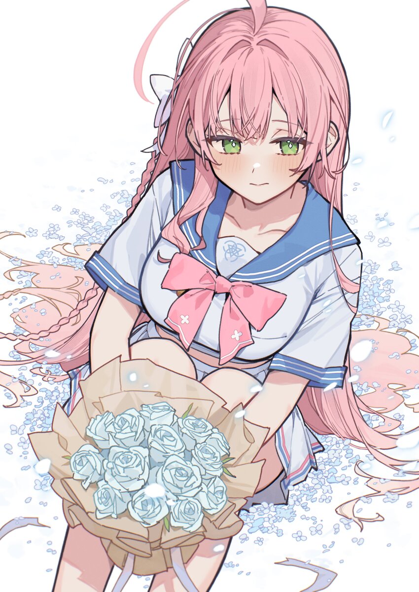 1girl absurdres ahoge aqua_flower blue_archive blue_sailor_collar blush bouquet bow bowtie braid collarbone commentary feet_out_of_frame flower green_eyes hair_bow hair_spread_out hanako_(blue_archive) highres holding holding_bouquet long_hair looking_at_viewer pink_bow pink_bowtie pink_hair sailor_collar sailor_shirt school_uniform serafuku shirt sitting skirt solo tsukino_(nakajimaseiki) very_long_hair white_bow white_serafuku white_skirt