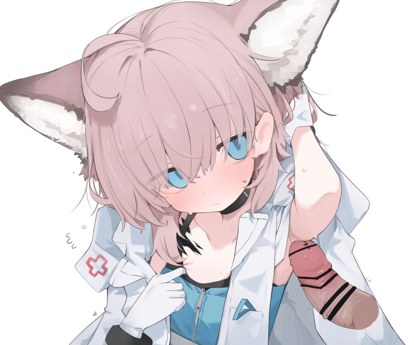 1boy 1girl animal_ears arknights bar_censor blue_eyes censored commentary_request disembodied_penis gloves grey_hair highres material_growth mikozin oripathy_lesion_(arknights) penis sussurro_(arknights) upper_body white_gloves