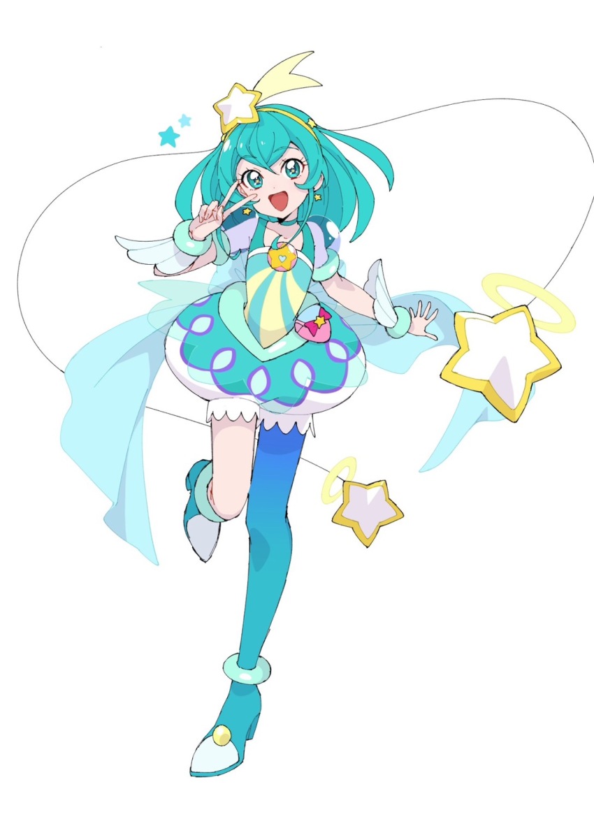 1girl :d aqua_choker aqua_hair choker cure_milky double-parted_bangs earrings floating_hair full_body green_eyes hagoromo_lala hair_between_eyes hair_ornament hairband highres jewelry leg_up long_hair looking_at_viewer open_mouth precure see-through_clothes see-through_sleeves shirako_love simple_background single_leg_pantyhose smile solo standing standing_on_one_leg star_(symbol) star_earrings star_hair_ornament star_twinkle_precure thigh_gap v white_background yellow_hairband