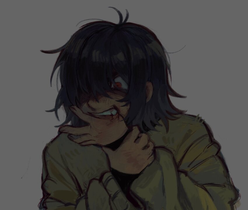 1other biting_own_hand black_hair blood commentary deltarune english_commentary green_sweater grey_background hair_over_one_eye highres holding_own_wrist kris_(deltarune) long_sleeves meko_(mothids) other_focus red_eyes short_hair solo sweater