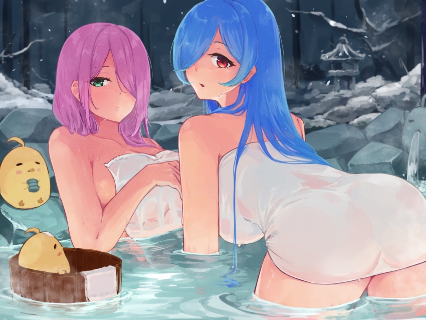 2girls azur_lane bare_shoulders bird blue_hair breasts bucket collarbone covering_privates green_eyes hair_over_one_eye highres large_breasts long_hair looking_at_viewer manjuu_(azur_lane) multiple_girls naked_towel nude_cover official_alternate_costume onsen outdoors pink_hair red_eyes snow towel tree trento_(azur_lane) trieste_(amore_termico)_(azur_lane) trieste_(azur_lane) umiya_mizuki water wooden_bucket