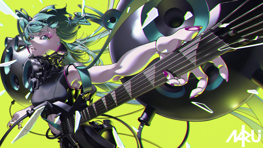 1girl absurdres aqua_eyes aqua_hair commentary electric_guitar english_commentary eyeshadow floating_hair foreshortening green_background guitar hatsune_miku headset highres instrument koi_wa_sensou_(vocaloid) long_hair makeup marui_(fxxstate_ofmind) parted_lips pink_eyeshadow simple_background sleeveless solo speaker twintails very_long_hair vocaloid