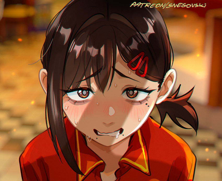 1girl brown_eyes brown_hair chainsaw_man employee_uniform hair_ornament hairclip higashiyama_kobeni highres mole mole_under_eye penis_shadow ponytail red_shirt shirt short_ponytail single_sidelock snegovski solo sweat