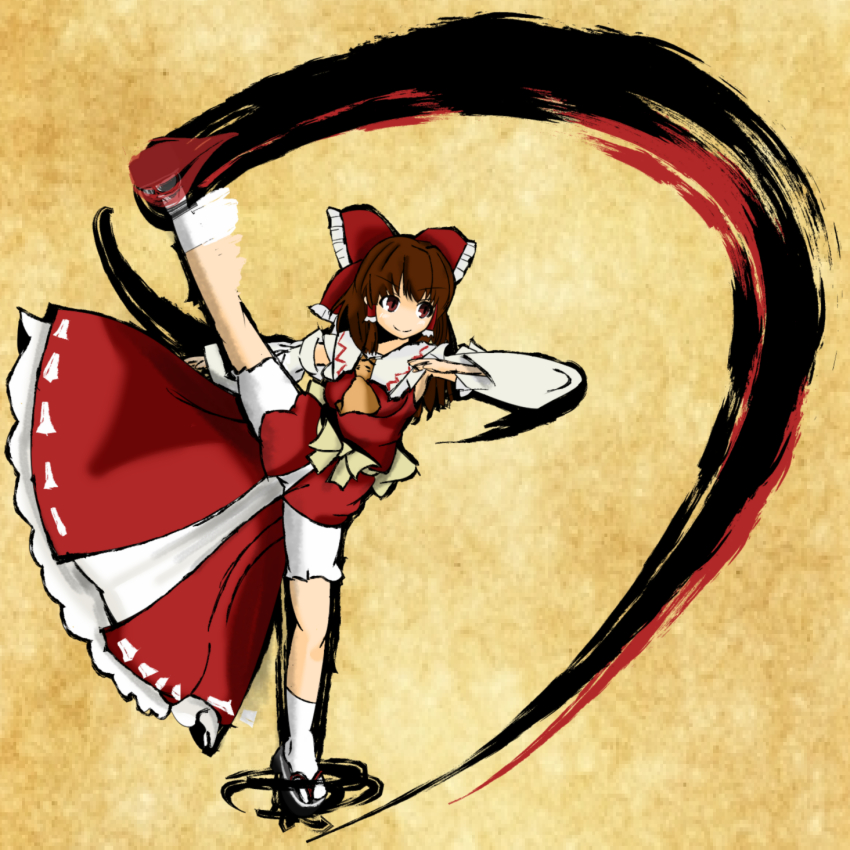 1girl 7_sai_ 7_sai_(lovebit) bad_id bad_nicoseiga_id bloomers bow brown_eyes brown_hair cape cookie_(touhou) detached_sleeves female_focus genocide_cutter geta hair_bow hair_ribbon hakurei_reimu highres kanna_(cookie) kicking long_hair ribbon ribbon_trim solo the_king_of_fighters touhou underwear