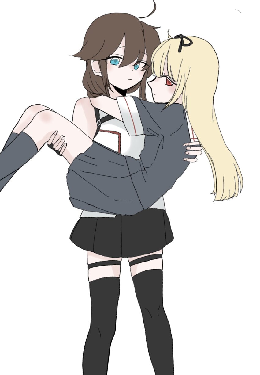 2girls ahoge alternate_eye_color black_gloves black_hair black_serafuku black_shirt black_skirt black_thighhighs blonde_hair blue_eyes braid feet_out_of_frame fingerless_gloves gloves hair_flaps hair_over_shoulder hemu_t highres kantai_collection long_hair looking_at_viewer multiple_girls pleated_skirt red_eyes sailor_collar school_uniform serafuku shigure_(kancolle) shigure_kai_san_(kancolle) shirt simple_background single_braid skirt sleeveless sleeveless_shirt thighhighs two-tone_shirt white_background white_sailor_collar yuudachi_(kancolle)