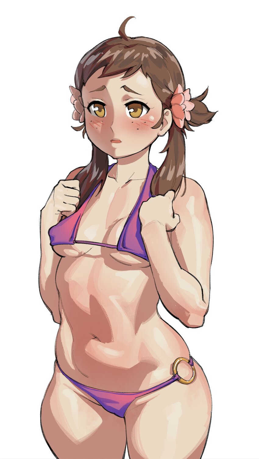 1girl absurdres ahoge alternate_costume athos_(athosart) bikini blush breasts brown_eyes brown_hair commission covered_erect_nipples fire_emblem fire_emblem_fates flower freckles hair_flower hair_ornament highres mozu_(fire_emblem) navel nintendo nipples o-ring o-ring_bikini pink_flower purple_bikini simple_background small_breasts swimsuit twintails underboob white_background