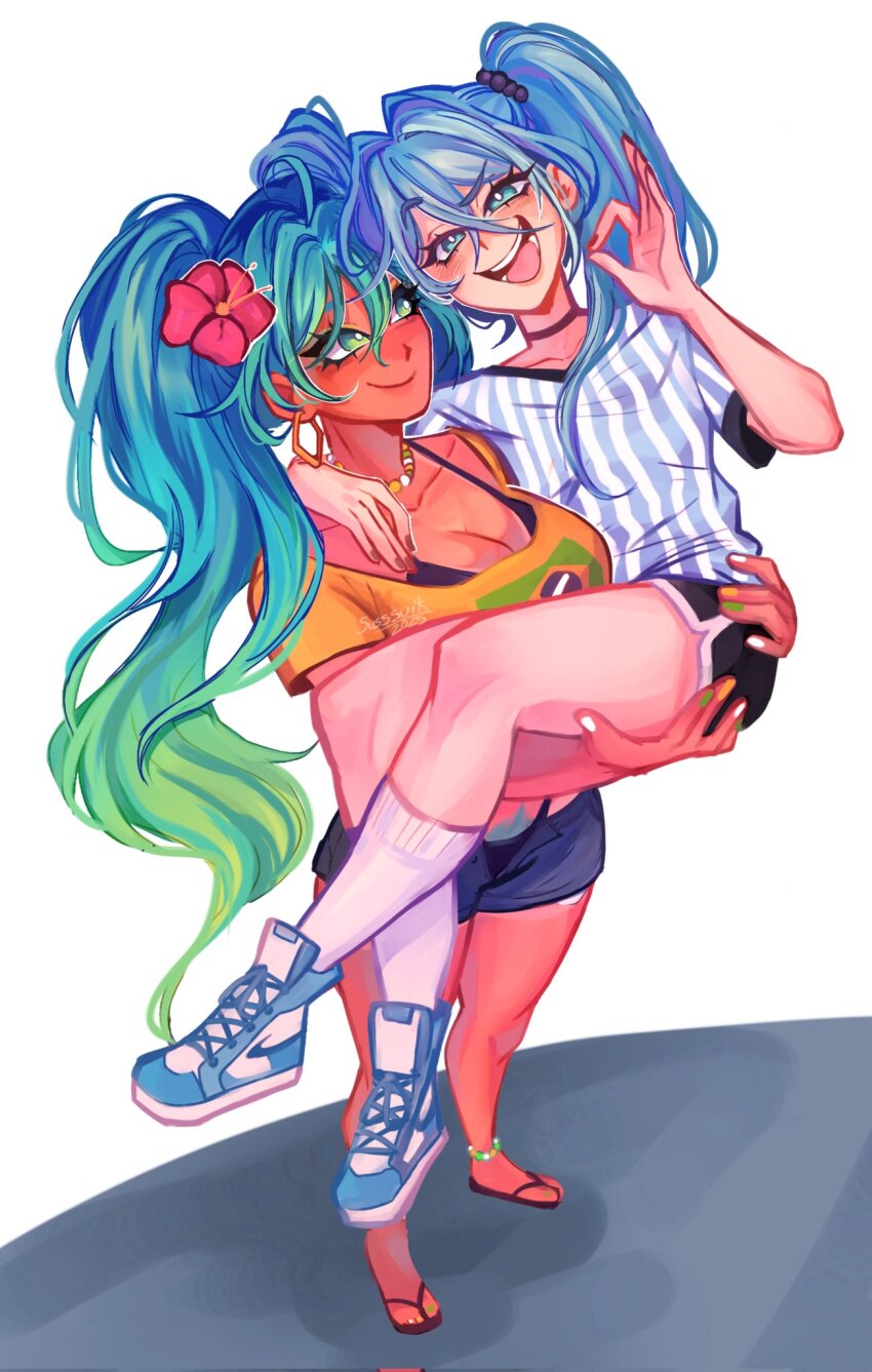 2girls aqua_hair argentina argentinian_flag argentinian_flag_print argentinian_miku bead_choker beads blush brazil brazilian_flag brazilian_flag_print brazilian_miku breasts dark-skinned_female dark_skin dual_persona earrings flag_print hair_ornament hatsune_miku highres jewelry large_breasts long_hair multiple_girls selfcest shirt smile susssuik tan twintails vocaloid worldwide_miku yellow_shirt yuri