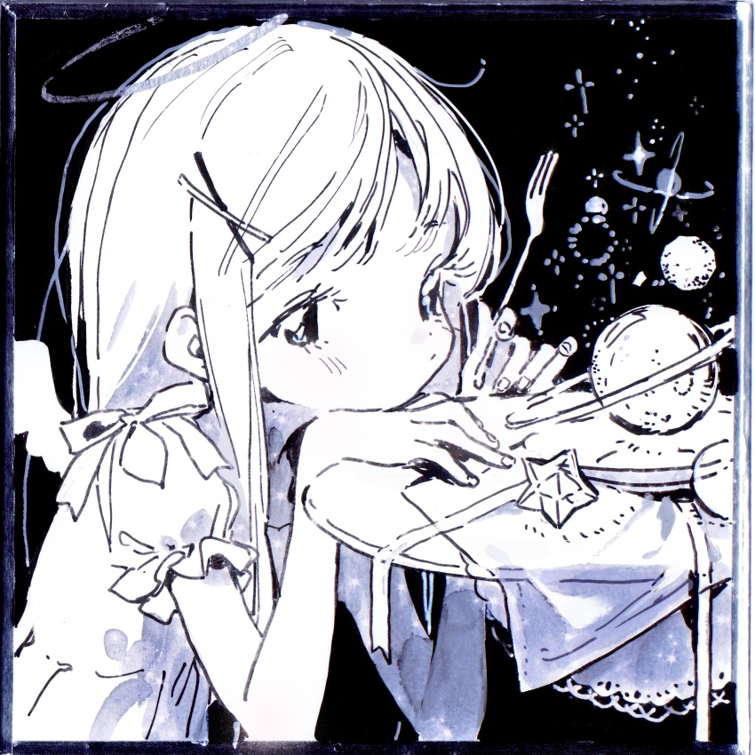1girl absurdres angel angel_wings black_background fork hair_ornament halo hidari_(nanmu-left) highres holding holding_fork long_hair monochrome original planet short_sleeves solo sparkle traditional_halo upper_body wings