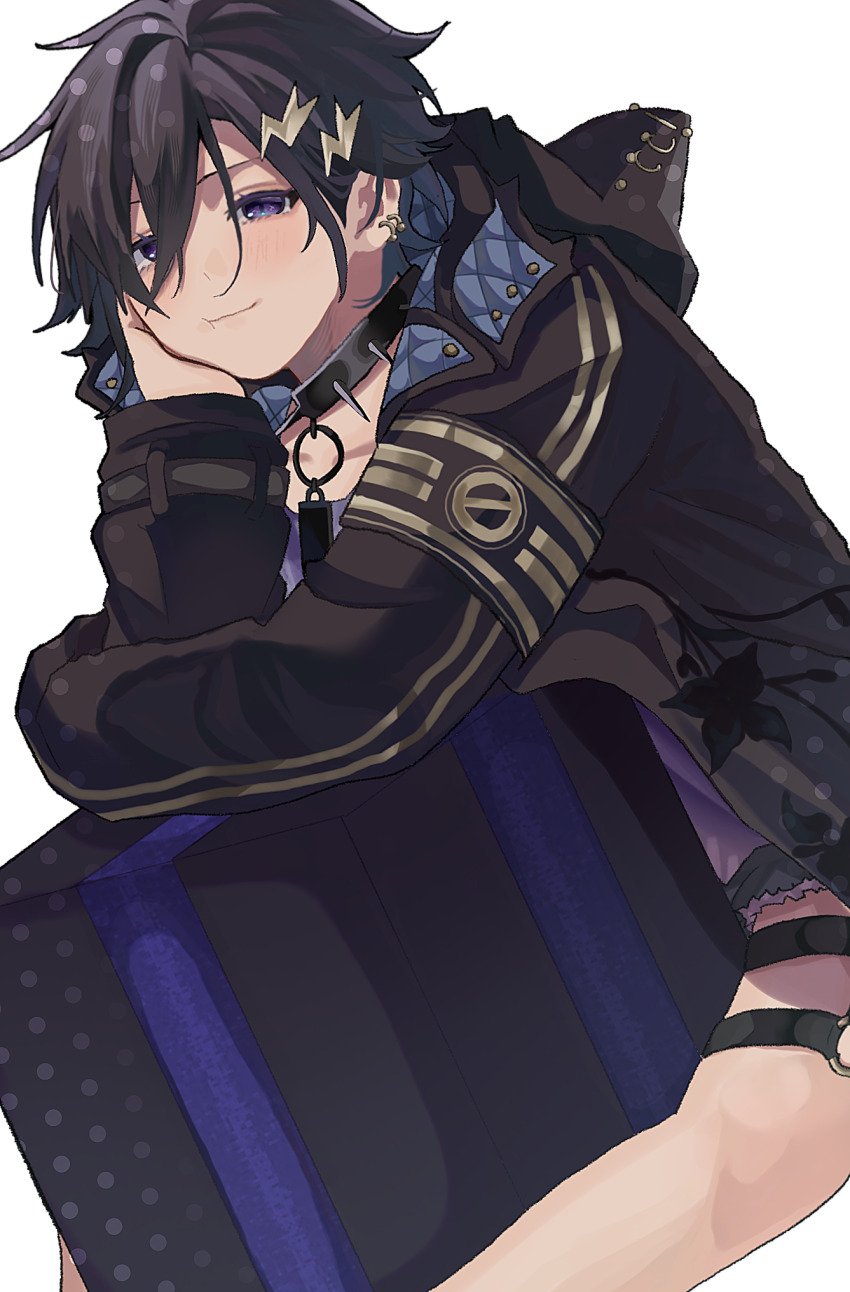 1boy animal_hood bishounen black_hair blush box cat_hood cheek_squash collar denim denim_shorts earrings eyelashes gift gift_box hair_between_eyes hair_ornament highres holostars hood hood_down jacket jewelry kanade_izuru kanade_izuru_(1st_costume) kiritachi_(pixiv_113812466) lightning_bolt lightning_bolt_hair_ornament lightning_bolt_symbol looking_at_viewer male_focus padded_jacket purple_eyes short_hair shorts sitting slit_pupils smile solo spiked_collar spikes thigh_strap two-sided_fabric two-sided_jacket virtual_youtuber white_background