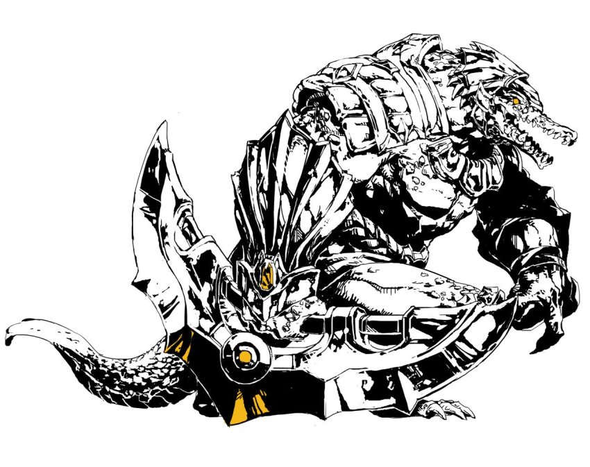 1boy alligator armor blade_(galaxist) crocodilian duto gem greyscale holding holding_weapon league_of_legends male_focus monochrome open_mouth pauldrons renekton scales sharp_teeth shoulder_armor solo spot_color tail teeth vambraces weapon yellow_eyes