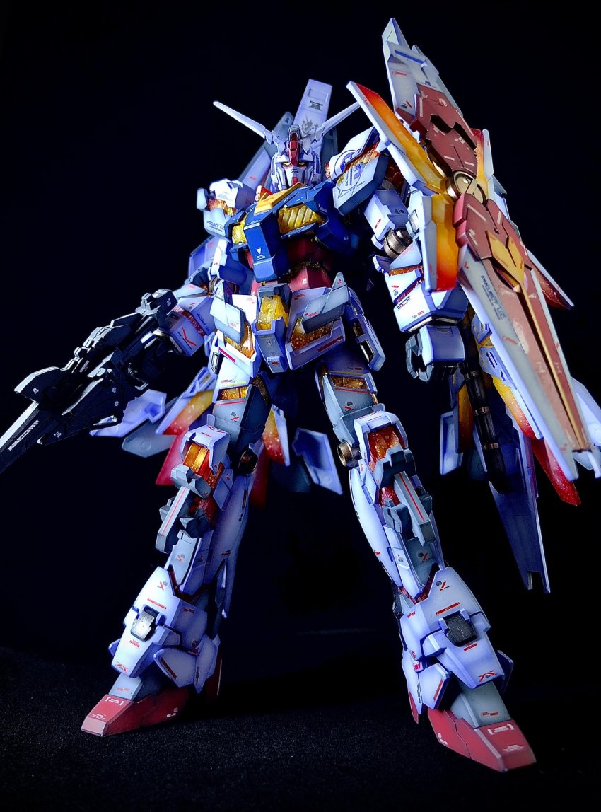 clenched_hand fusion gundam gundam_unicorn gunpla highres mecha meopla mobile_suit mobile_suit_gundam model_kit model_kit_(medium) photo_(medium) robot rx-78-2_gundam science_fiction shield solo unconventional_media unicorn_gundam v-fin yellow_eyes