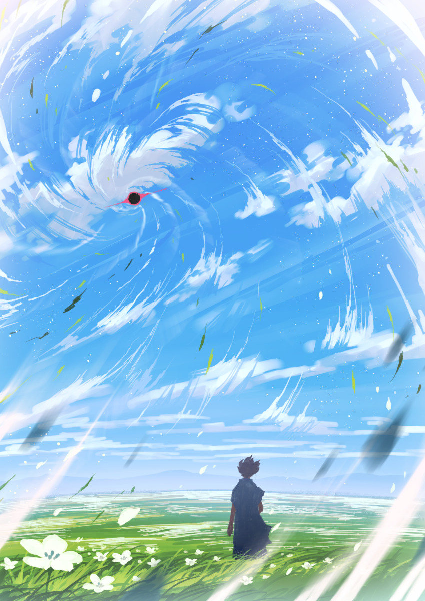 1other absurdres black_hole blue_sky cloud facing_away fapka field flower highres landscape original scenery short_hair sky solo white_flower