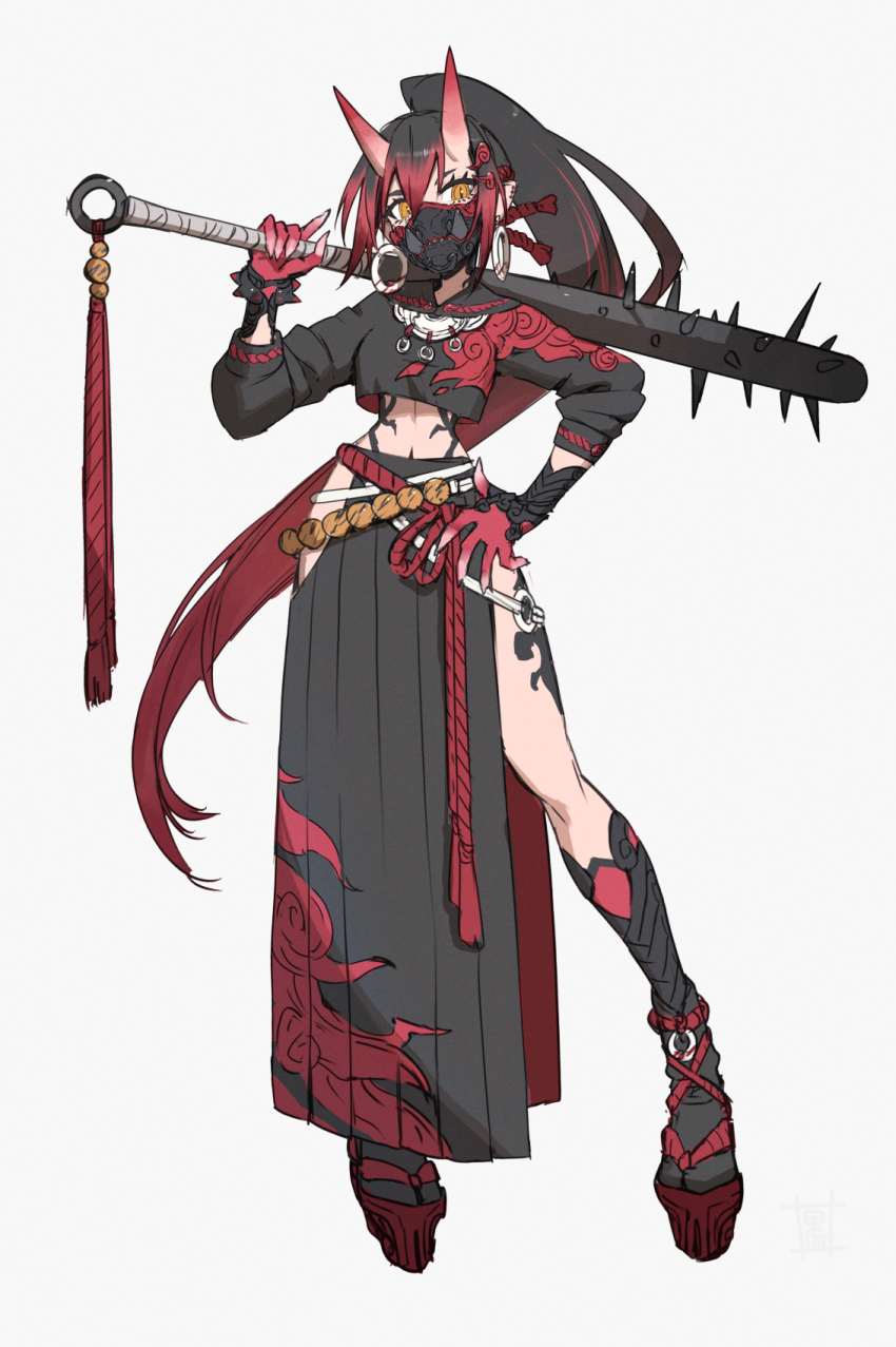 1girl black_hair black_mask black_shirt black_skirt bracelet club club_(weapon) colored_extremities commentary_request covered_mouth cowboy_shot cropped_jacket earclip earrings flame_print from_side full_body gloves hair_ornament hand_on_own_hip high_ponytail highres hip_vent holding holding_club holding_weapon hoop_earrings horns jacket jewelry kanabou kuroi_susumu long_hair long_skirt long_sleeves looking_at_viewer mask midriff mouth_mask multicolored_hair oni original over_shoulder pants pointy_ears ponytail red_hair red_rope rope shirt simple_background skin-covered_horns skirt solo spiked_bracelet spiked_club spikes standing streaked_hair two-tone_hair very_long_hair weapon weapon_over_shoulder white_background yellow_eyes