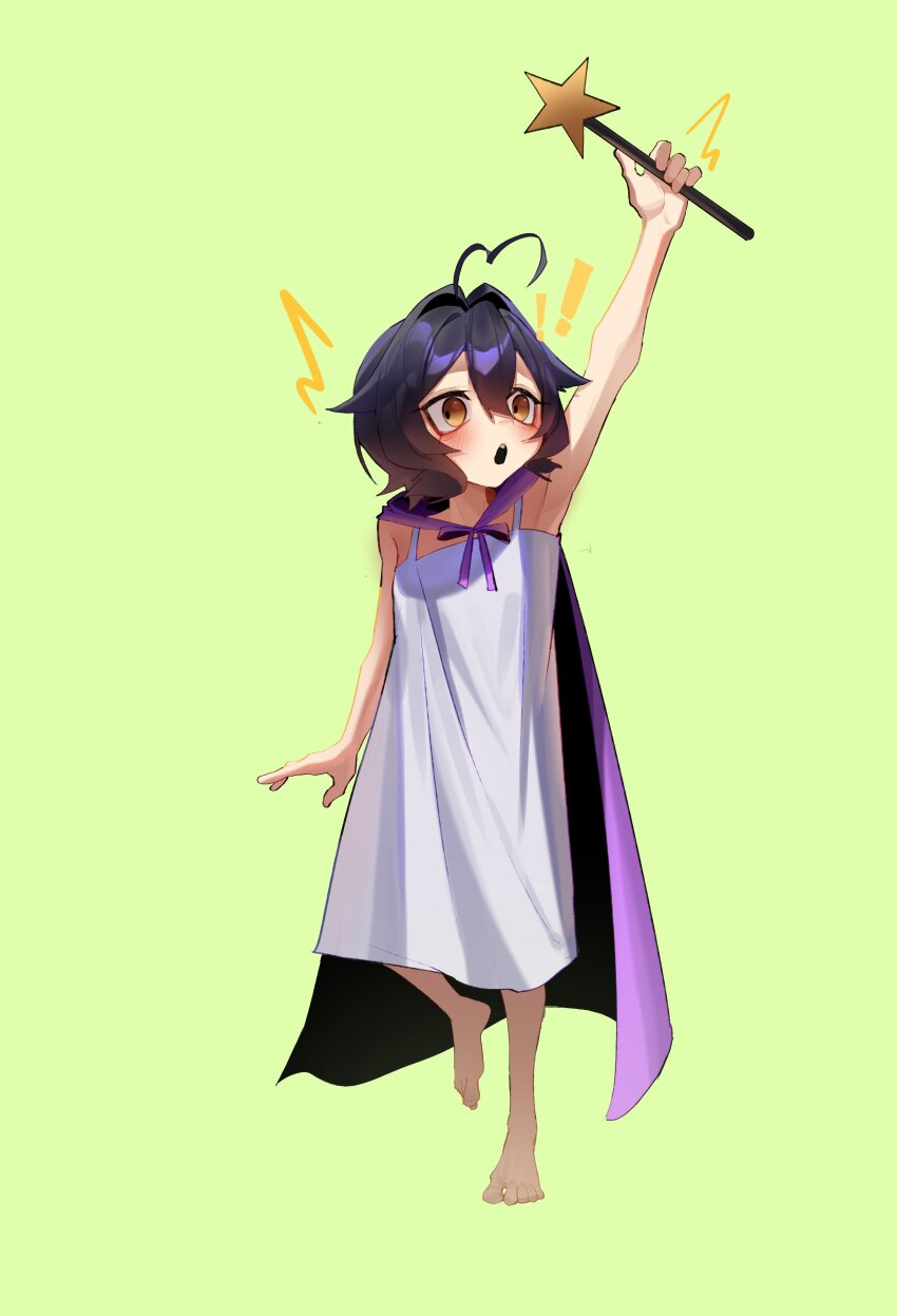 ! !! 1girl absurdres aged_down ahoge armpits barefoot blush breasts camisole cape child full_body green_background hair_between_eyes hakhpu heart heart_ahoge highres hiiragi_utena holding holding_wand looking_to_the_side mahou_shoujo_ni_akogarete open_mouth purple_cape purple_hair short_hair shouting simple_background small_breasts solo standing standing_on_one_leg star_wand toes wand white_camisole yellow_eyes