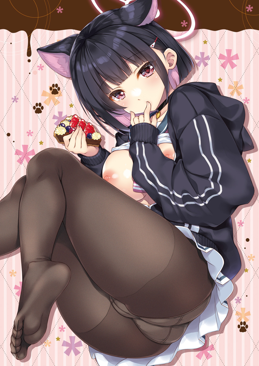 1girl animal_ears ass black_choker black_hair black_jacket black_pantyhose black_serafuku blue_archive breasts breasts_out cake cake_slice cameltoe cat_ears cat_girl choker food fruit halo highres holding holding_food jacket kazusa_(blue_archive) large_breasts long_sleeves looking_at_viewer nipples no_bra no_shoes panties pantyhose pink_eyes pleated_skirt school_uniform serafuku shigunyan short_hair skirt soles solo strawberry toes underwear white_panties white_skirt