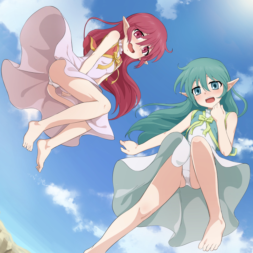 2girls bare_shoulders barefoot blue_sky blush breasts cloud commentary_request commission dress embarrassed flying from_below green_eyes green_hair highres long_hair looking_at_viewer multiple_girls nanina_(nijnan) open_mouth outdoors panties pantyshot pointy_ears red_eyes red_hair skeb_commission sky small_breasts sylph_(tales) tales_of_(series) tales_of_phantasia tales_of_phantasia:_narikiri_dungeon tales_of_phantasia:_narikiri_dungeon_x toes underwear white_panties