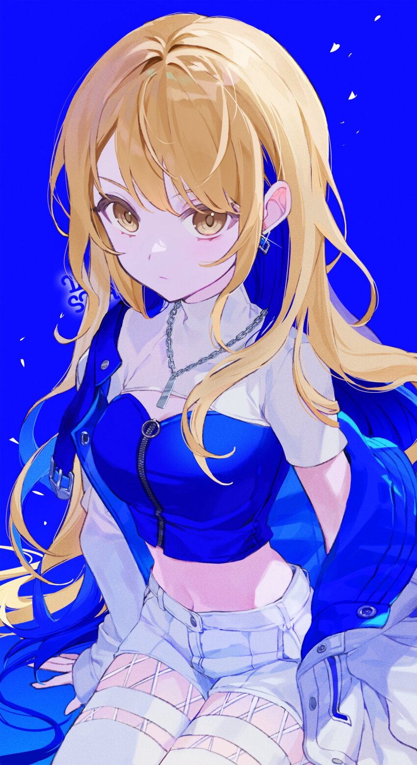 1girl absurdres azusawa_kohane blonde_hair blue_background blue_hair blue_jacket breasts brown_eyes cleavage closed_mouth colored_inner_hair cowboy_shot crop_top earrings fishnet_thighhighs fishnets hashtag-only_commentary highres jacket jewelry long_hair looking_at_viewer medium_breasts midriff multicolored_hair multicolored_jacket navel pendant project_sekai sha_(nz2) shirt short_sleeves shorts sidelocks single_earring sitting solo swept_bangs thighhighs two-tone_hair two-tone_jacket whip_the_wimp_girl!!_(project_sekai) white_jacket white_shirt white_shorts yellow_eyes