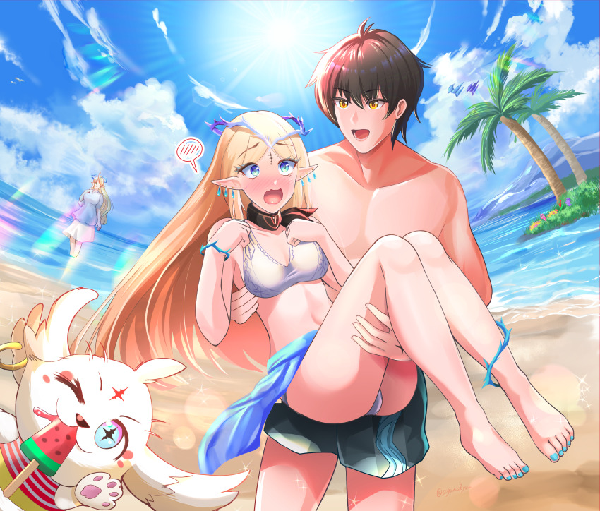 1boy 2girls abby_(wuthering_waves) absurdres bare_shoulders beach bikini bikini_skirt black_collar blonde_hair blue_eyes blue_nails blush carrying cartethyia_(wuthering_waves) cloud cloudy_sky coconut_tree collar confused crown_of_thorns dress dual_persona earrings fleurdelys_(wuthering_waves) food gold_horns highres horns jewelry long_dress long_hair male_rover_(wuthering_waves) multiple_girls nail_polish open_mouth palm_tree pointy_ears popsicle princess_carry rover_(wuthering_waves) sand shorts single_horn sky sun swimsuit tacet_mark_(wuthering_waves) toenail_polish toenails tree user_yexv8485 wading watermelon_bar white_bikini wuthering_waves yellow_eyes