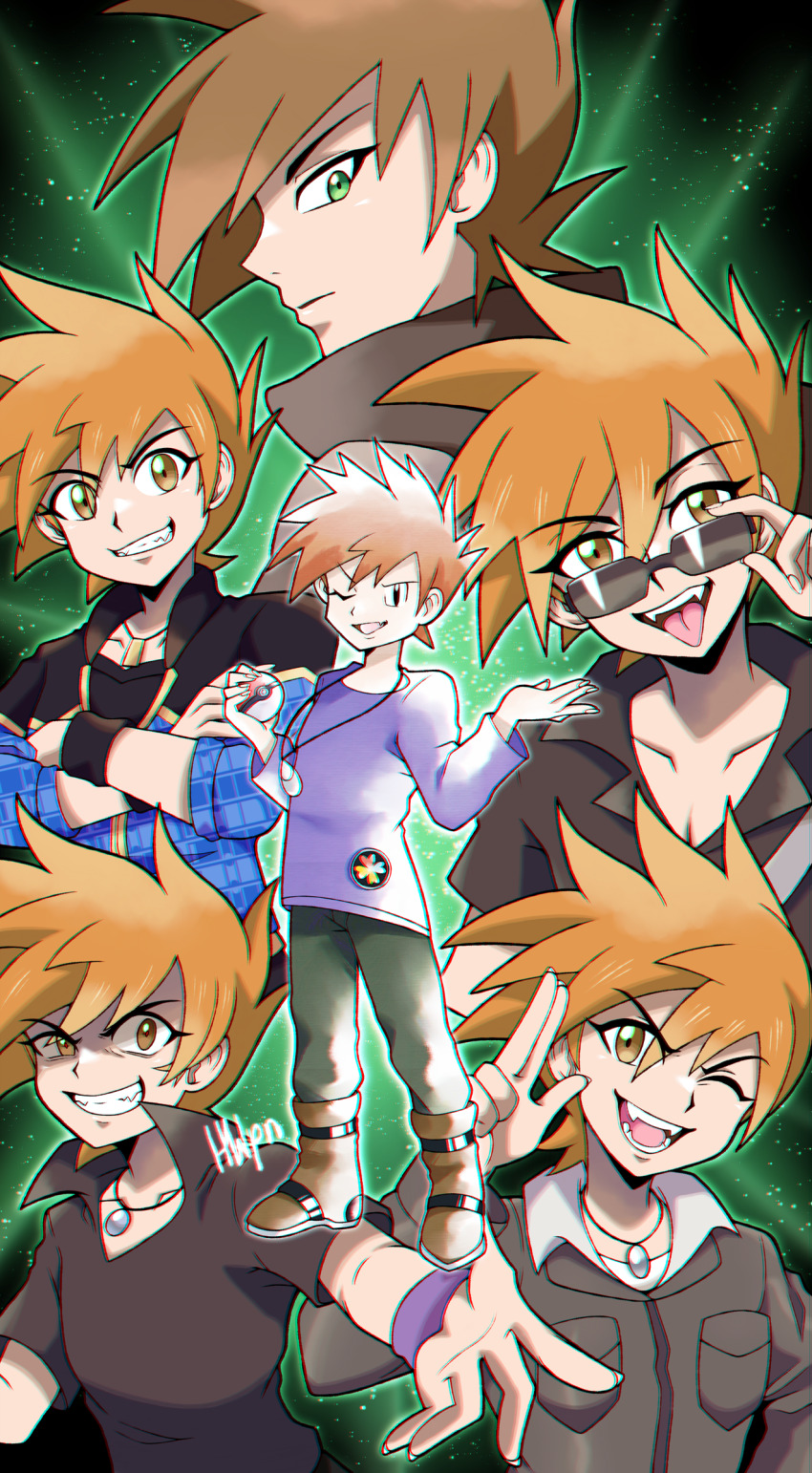 1boy absurdres adjusting_eyewear blue_jacket blue_oak blue_oak_(sygna_suit) boots brown_footwear brown_hair chromatic_aberration commentary_request crossed_arms green_eyes hand_up highres holding holding_poke_ball inglebard jacket jewelry male_focus multiple_views necklace nintendo official_alternate_costume open_mouth pants poke_ball poke_ball_(basic) pokemon pokemon_frlg pokemon_hgss pokemon_masters_ex pokemon_rgby pokemon_sm popped_collar purple_shirt shirt spiked_hair sunglasses teeth tongue upper_teeth_only wristband