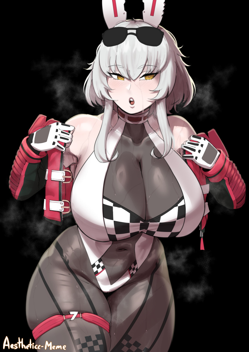1girl absurdres aestheticc-meme artist_name bare_shoulders black_background breasts covered_collarbone covered_navel curvy eyewear_on_head gloves hair_between_eyes highres huge_breasts jacket leotard making-of_available open_mouth race_queen red_jacket short_hair_with_long_locks simple_background skin_tight solo steam sunglasses teeth thigh_strap upper_teeth_only virtual_youtuber vshojo white_hair yellow_eyes zentreya zentreya_(cyborg)
