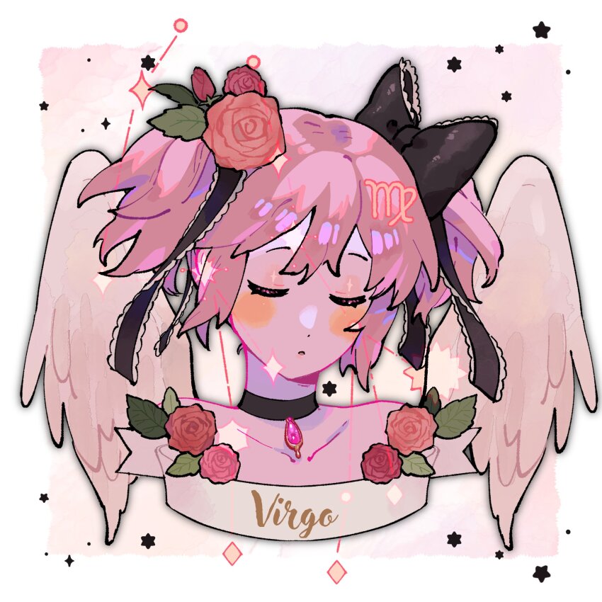 1girl angel_wings bare_shoulders black_choker black_ribbon blush_stickers border bud choker closed_eyes collarbone constellation cropped_shoulders dot_nose expressionless facing_viewer feathered_wings flower hair_flower hair_ornament hair_ribbon highres kaname_madoka lace lace-trimmed_ribbon lace_trim leaf leaf_hair_ornament mahou_shoujo_madoka_magica mahou_shoujo_madoka_magica_(anime) parted_lips pink_background pink_flower pink_hair pink_rose pink_theme red_flower red_rose ribbon rose short_twintails simple_background solo soul_gem sparkle star_(symbol) text_focus twintails virgo_(constellation) virgo_(symbol) virgo_(zodiac) white_border white_wings wings yooki_(winter_cakes) zodiac