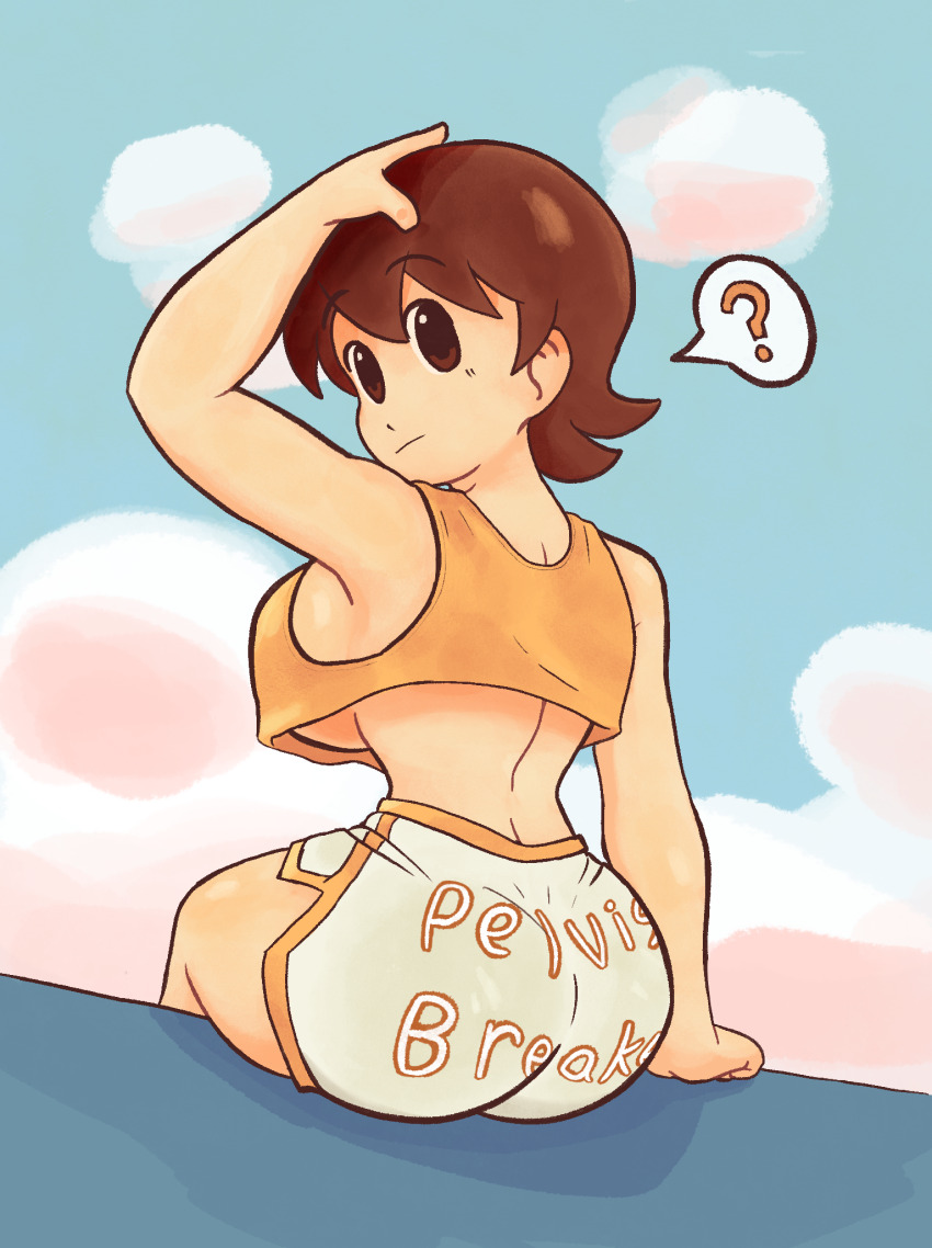 1girl ? aioi_yuuko ass ass_focus back blue_sky breasts brown_eyes brown_hair closed_mouth clothes_writing cloud crop_top dozo_gon expressionless from_behind hand_on_own_head highres large_breasts looking_at_viewer nichijou orange_shirt shirt short_hair shorts sitting sky solo speech_bubble spoken_question_mark thighs underboob white_shorts