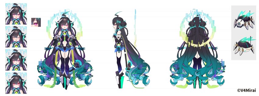 1girl :d :o ^_^ absurdly_long_hair absurdres ahoge aqua_hair black_hair black_leotard blush closed_eyes clothing_cutout colored_inner_hair commentary copyright_name copyright_notice detached_sleeves english_commentary full_body garter_straps glitch gloves gradient_hair hair_ornament highres huge_ahoge kt._(kaisou-notagui) leotard long_hair multicolored_hair multiple_expressions navel navel_cutout official_art open_mouth pink_eyes purple_hair reference_sheet second-party_source shaded_face smile standing teeth terra404 upper_teeth_only v4mirai very_long_hair virtual_youtuber white_background