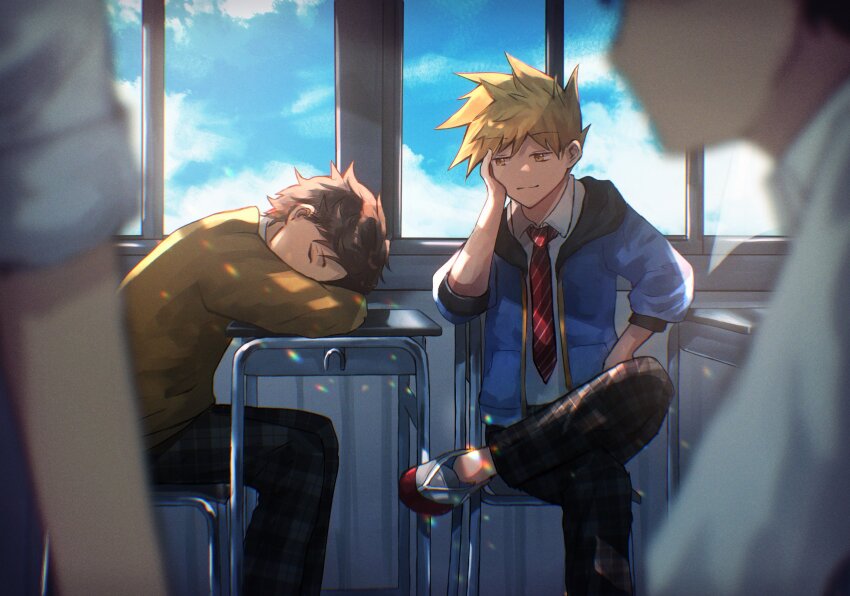 1girl 3boys blonde_hair blue_jacket blue_oak blurry blurry_foreground brown_jacket chair classroom cloud collared_shirt commentary_request crossed_legs day desk head_rest highres indoors jacket looking_at_another multiple_boys necktie nintendo pants pokemon pokemon_rgby red_(pokemon) red_necktie school_chair school_desk shirt shiruko_(s1ruko) shoes sitting sky sleeping white_shirt window