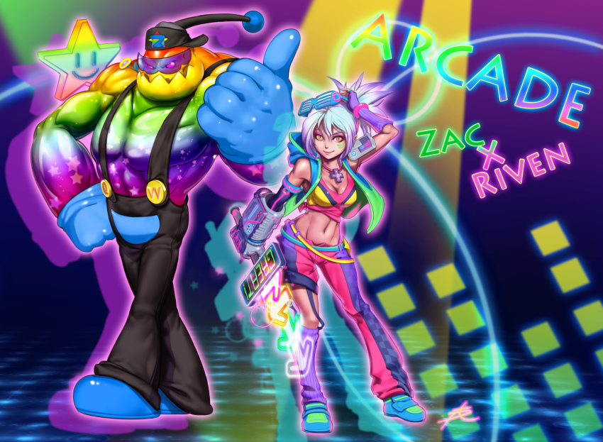 1girl alternate_costume arcade arcade_riven armpits asymmetrical_legwear belt bemani breasts cleavage dance_dance_revolution highres league_of_legends midriff mismatched_legwear monster_boy navel phantom_ix_row power_glove riven_(league_of_legends) short_hair silver_hair slime slime_boy star_(symbol) sunglasses yellow_eyes zac_(league_of_legends)