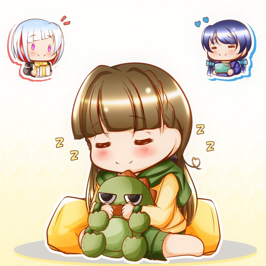 3girls =_= absurdres black_bow black_jacket blue_hair blue_ribbon blue_sweater bob_cut bow braid brown_hair cellphone center-flap_bangs chibi chibi_inset chibi_only closed_mouth colored_inner_hair commentary_request diagonal_bangs dollchestra gradient_background green_hood green_pants hair_bow hair_ribbon heart heart-shaped_hair highres holding holding_phone hood hood_down hoodie inverted_bob jacket kachimachi_kosuzu kachimachi_kosuzu_(summer_loungewear) link!_like!_love_live! long_hair long_sleeves love_live! low_twintails mole mole_on_neck multicolored_hair multiple_girls murano_sayaka murano_sayaka_(summer_loungewear) pants phone pink_eyes red_hair ribbon short_hair side_ahoge side_braids sitting smartphone smile split_mouth straight_hair streaked_hair sweater twintails virtual_youtuber wariza white_background white_hair yasuku yellow_background yellow_hoodie yugiri_tsuzuri yugiri_tsuzuri_(summer_loungewear) zzz