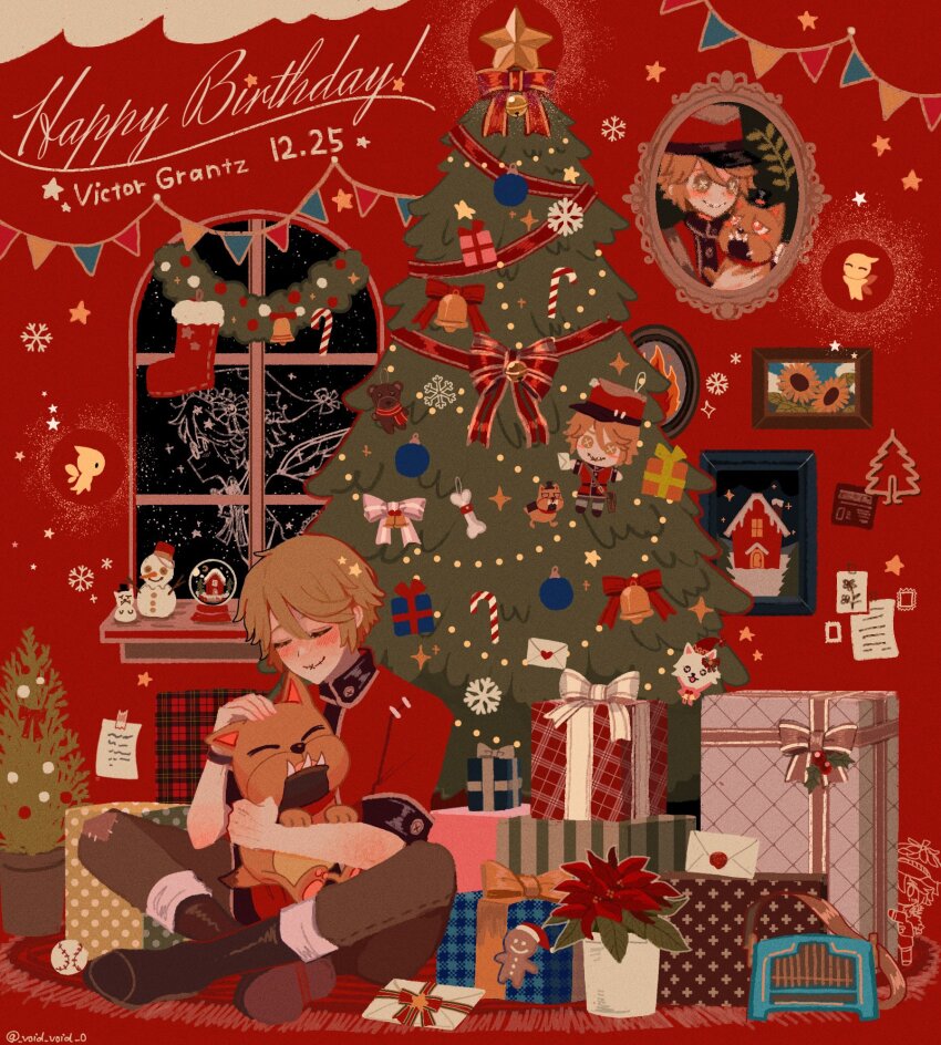1boy animal animal_hug artist_name baseball bell black_boots blonde_hair blush bone boots box brown_pants candy candy_cane christmas christmas_ornaments christmas_present christmas_stocking christmas_tree closed_eyes closed_mouth dog envelope fairy flower food gift gift_box gingerbread_man happy_birthday hat highres identity_v indian_style indoors jingle_(identity_v) jingle_bell male_focus note pants paper pennant photo_(object) picture_frame plant postage_stamp potted_plant red_background red_ribbon red_shirt ribbon rug santa_hat shirt short_hair short_sleeves sitting smile snow_globe snowflakes snowman solo sparkle star_(sky) star_(symbol) stitched_mouth stitches string_of_flags sunflower taped_note tendenbarabara twitter_username victor_grantz victor_grantz_(autumn_reverie) victor_grantz_(christmas_messenger) wax_seal wick_(identity_v) window