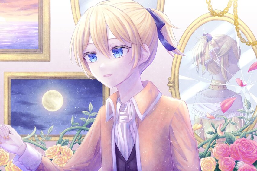 1boy aku_no_meshitsukai_(vocaloid) allen_avadonia ascot blonde_hair blood_on_flower blue_eyes broken_mirror chain collared_jacket collared_shirt colored_eyelashes evillious_nendaiki flower four_mirrors_of_lucifenia full_moon hair_ribbon high_collar hiu_228 holding_hands jacket kagamine_len male_focus mirror moon night night_sky orange_jacket pink_flower pink_rose ponytail portrait red_flower red_rose regret_message_(vocaloid) ribbon riliane_lucifen_d&#039;autriche rose shattered shirt short_ponytail sky star_(sky) starry_sky thorns twiright_prank_(vocaloid) vessel_of_sin vocaloid yellow_flower yellow_jacket yellow_nails yellow_rose