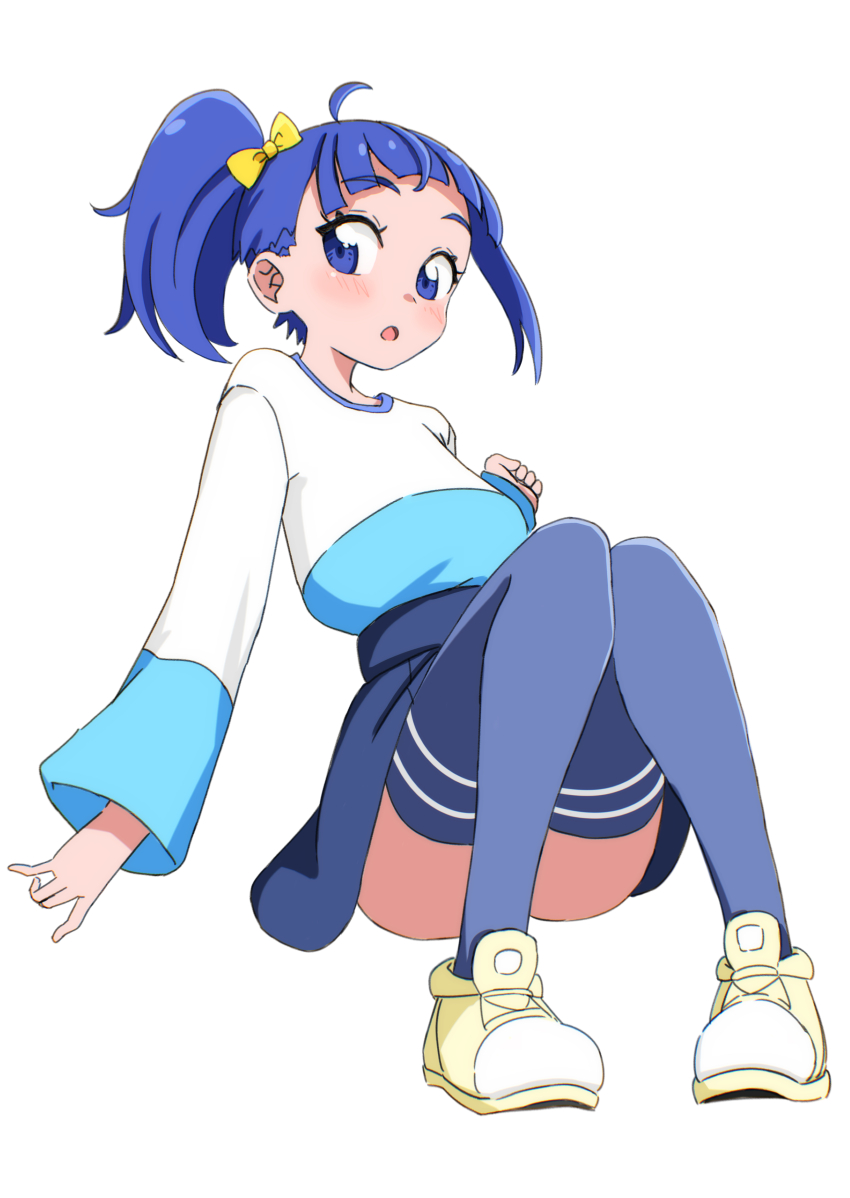 1girl absurdres ahoge blue_eyes blue_hair blue_skirt blue_thighhighs blush bow hair_bow hakuino_hakase highres hirogaru_sky!_precure long_sleeves medium_hair open_mouth precure shoes side_ponytail single_sidelock skirt solo sora_harewataru thighhighs two-tone_shirt white_background yellow_bow yellow_shoes